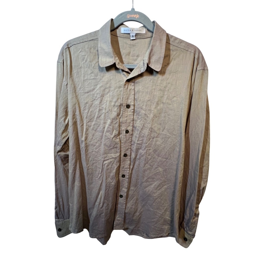 Parke & Ronen Mens Button Up Shirt Long Sleeve S Tan Cotton Casual Top USA Made